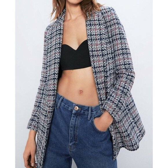 New ZARA Textured Tweed Double Breasted Checked Blazer Jacket - Spain - Picture 2 of 15